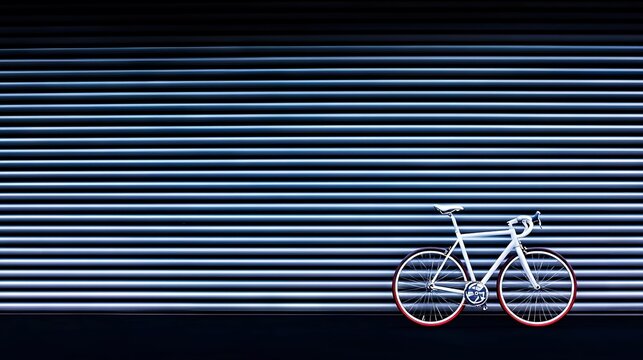   Red & white bike parked beside garage door with roller door in dark room