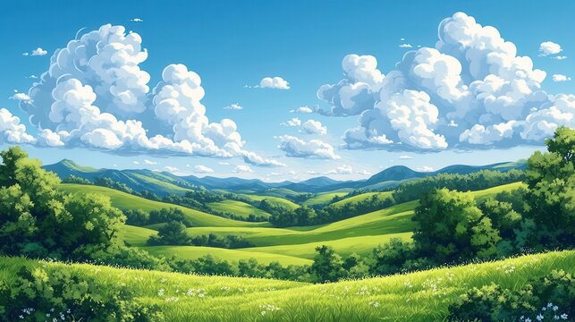 serene summer landscape rolling green hills lush fields and vibrant blue sky with fluffy white clouds flat style illustration with bold colors