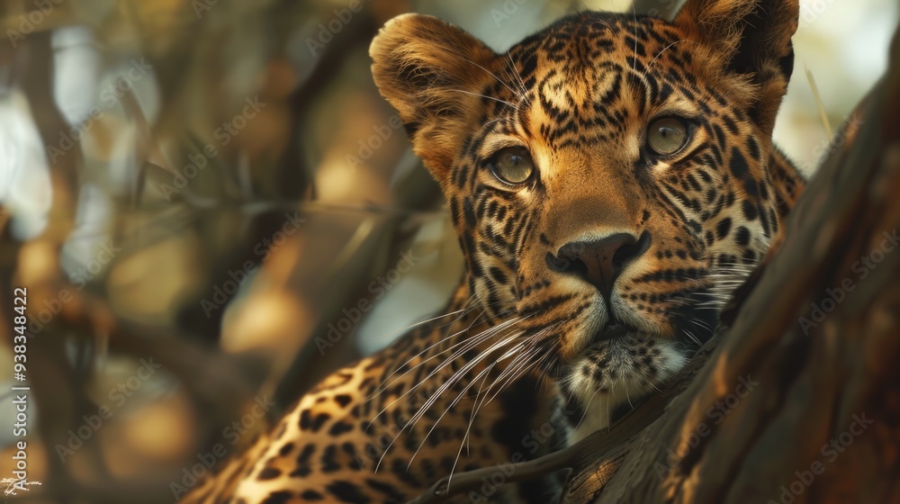 Aufkleber a close-up view of a leopard perched in a tree, with its fur blending into the surroundings