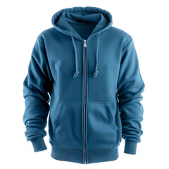 Blue zipped hoodie. Isolated on transparent background.