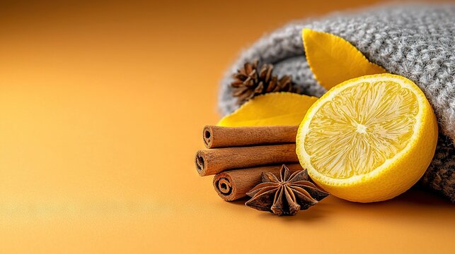   A stack of cinnamon sticks, an orange, and an orange wedge on a mustard backdrop