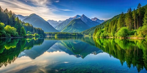 Fototapeta premium pristine, tranquil, A serene lake with a perfectly symmetrical landscape reflecting a glittering surface of water surrounded by lush greenery and majestic mountains in the background