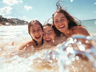 A group of three young girls splashes playfully in the water, enjoying their summer vacation at the beach and radiating joy and laughter.