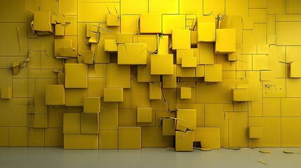  A row of yellow boxes attached to a wall, with a circular gap in one of them