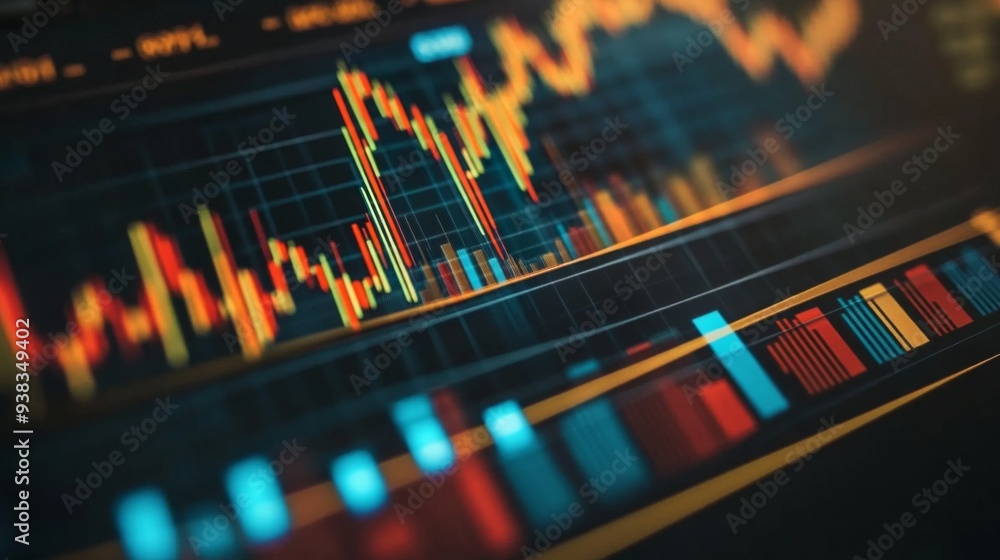 Fototapete close-up of a stock market analysis chart with a mix of bar graphs and line graphs highlighting key 