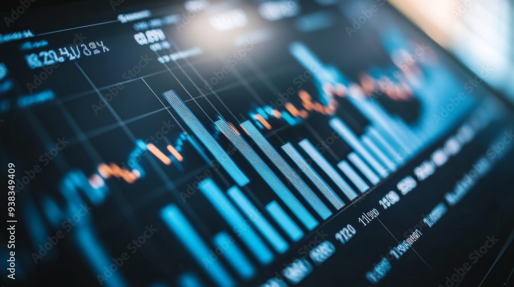 Leinwandbilder close-up of a stock market analysis chart with a mix of bar graphs and line graphs highlighting key 