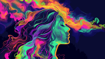 Trippy colorful psychedelic art with waves and smoke, vector illustration of woman silhouette head in the middle, background is vibrant and bright colors, in the style of trippy surrealistic.