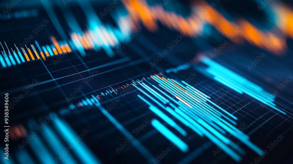 Leinwandbilder Close-up of a stock market analysis chart with a mix of bar graphs and line graphs highlighting key data