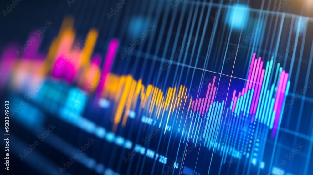 Leinwandbilder Close-up of a stock market analysis chart with a mix of bar graphs and line graphs highlighting key data