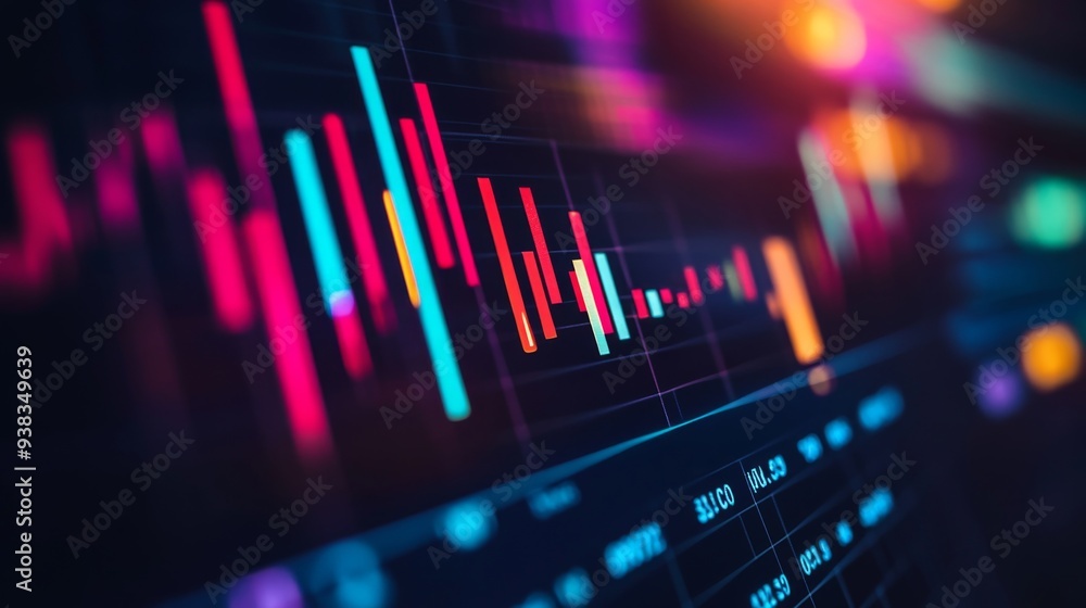 Leinwandbilder Close-up of a stock market analysis chart with a mix of bar graphs and line graphs highlighting key data