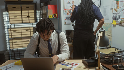 Man and woman police officers analyzing evidence at a cluttered desk inside a detective's office.