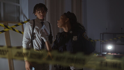 A woman officer and a man investigator analyze evidence at a dimly lit indoor crime scene.
