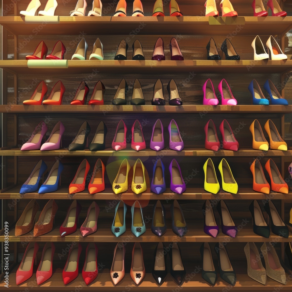 Poster A display case filled with many different colored shoes