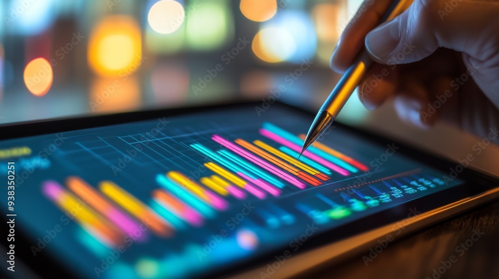 Poster close-up of a tablet displaying a multicolored bar graph, with a stylus pen in hand