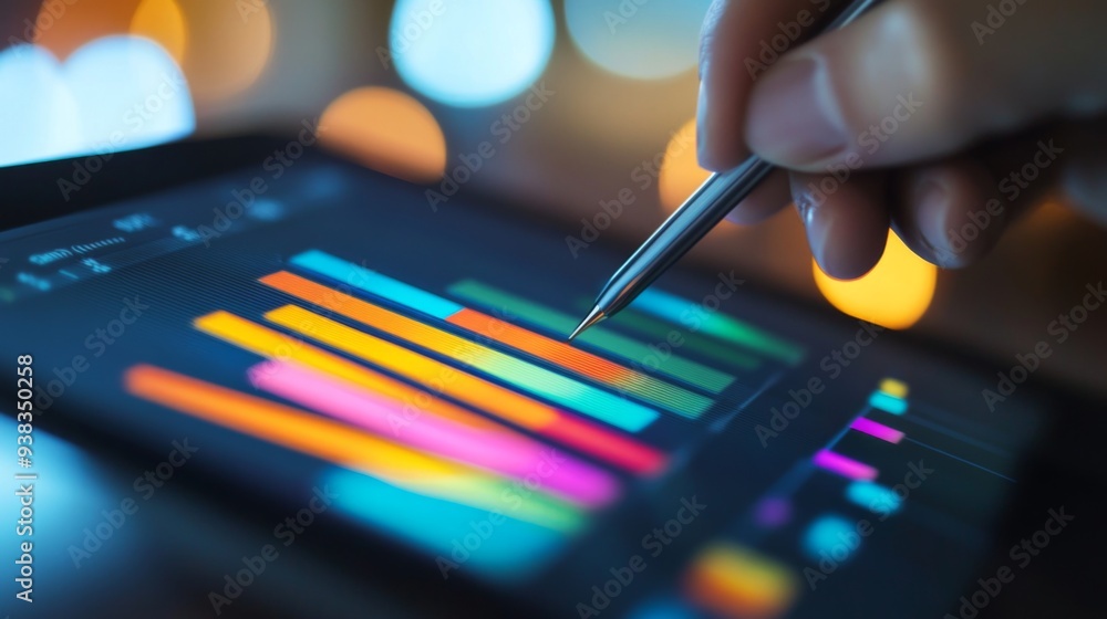 Poster close-up of a tablet displaying a multicolored bar graph, with a stylus pen in hand