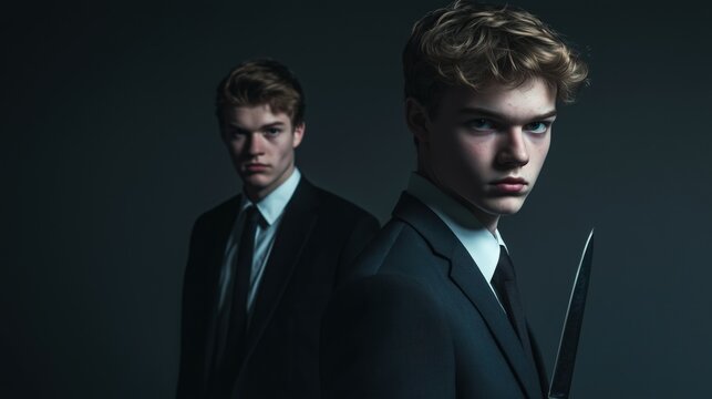 Businessmen Holding Knife Behind Another in Dark Setting. Rivals or frenemies