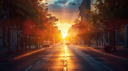 Radiant City Sunset: Sunlight Streaming Through Urban Street - A radiant sunset bathes an urban street in golden light, with sunbeams streaming through the trees and reflecting off the pavement.