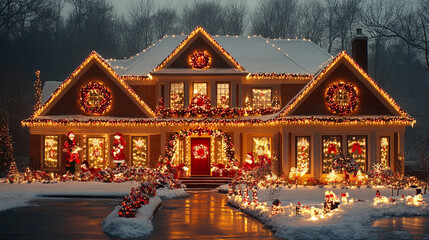 house decked out in vibrant Christmas lights and festive decorations, capturing the warm and joyful spirit of the holiday season. Perfect for evoking holiday cheer and celebration