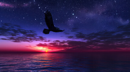 An eagle gliding through a twilight sky, its silhouette bold against the deep blues and purples of the approaching night, stars beginning to twinkle above