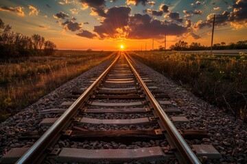 Sunset scene on a train track with a beautiful orange and pink sky, ideal for travel or adventure themes