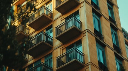 Close-up of a tall residential building with balconies, windows, and architectural details prominently featured