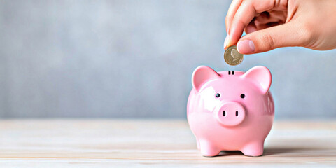  Pink piggy bank on a light wooden surface with a hand inserting a coin, in a minimalist setting. Concept: saving money, personal finance, suitable for banking, financial planning, or savings campaign