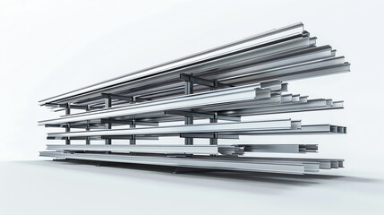 Metal pipes and beams are stacked on orange and gray shelving units.

