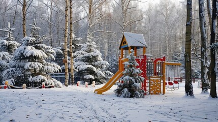 Highlight the vibrant red of the slide against the clean, white snow on the bench, using natural lighting to emphasize the contrast 