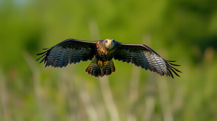 Fototapeta premium male harrier in flight, wings spread wide against the backdrop of green grass and reeds