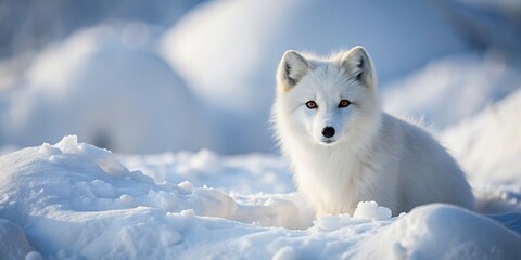 Arctic fox blending into snowy winter landscape, fluffy, wilderness, seasonal, adaptation, landscape, frost, white, predator, winter, fur, snow, camouflage, hunting, snowdrift