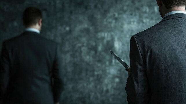 Businessman Holding Knife Behind Another in Dark Setting