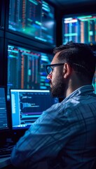 Fototapeta premium It programmer developing software and hardware in a high tech data center with multiple monitors