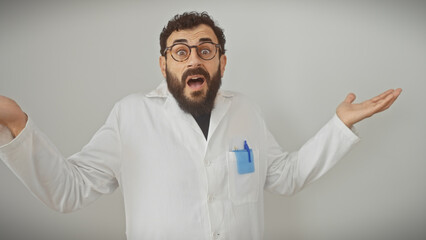 Shocked bearded man in labcoat gesturing against a white background, portraying surprise or discovery.