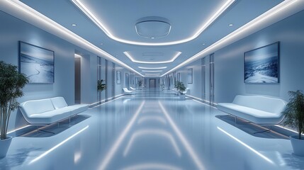 Obraz premium sterile hospital corridor with modern seating area cool color palette and clean lines create calming atmosphere soft lighting and minimalist design emphasize cleanliness and efficiency