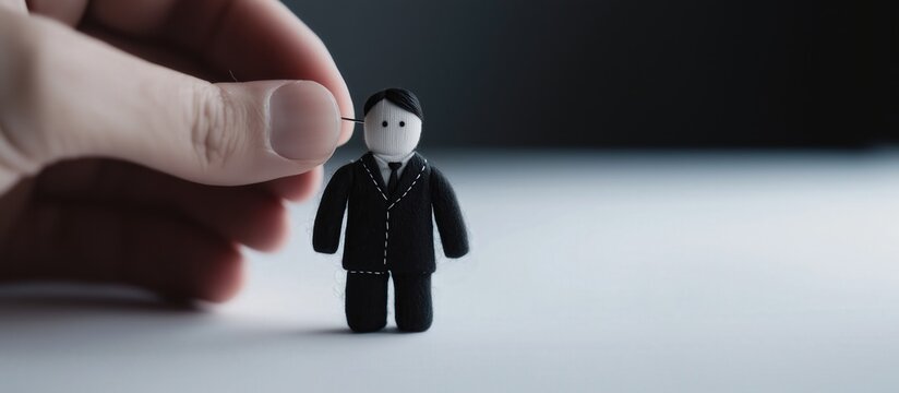 A close-up of a hand with pin and needle, voodoo doll dressed as businessman on white background. Revenge, manipulation, competition, or stress in the corporate world.