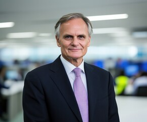 Fototapeta premium A confident executive standing proudly in a modern office environment, showcasing leadership and professionalism during a busy workday