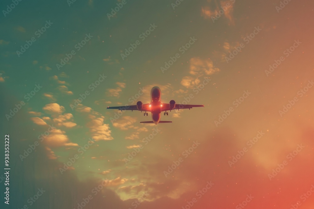 Poster an airplane flying through a cloudy sky with a bright red light visible on the wing