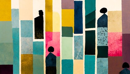 A vibrant abstract art piece featuring colorful backgrounds and silhouetted human figures, with geometric shapes and textures enhancing the visual interest
