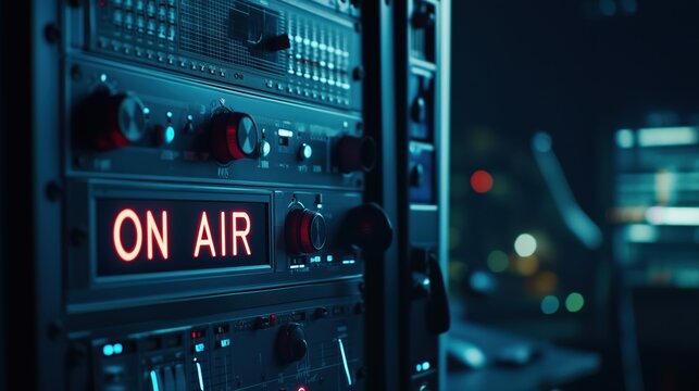 A glowing neon "On Air" sign illuminates the dark background of an empty radio studio, symbolizing live broadcasting or a podcast in progress.