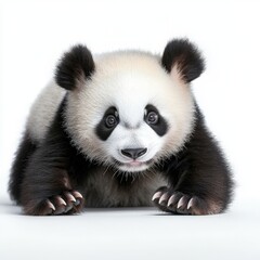 Naklejka premium A cute panda cub sitting innocently, showcasing its black and white fur with distinct facial markings. Perfect for wildlife enthusiasts.