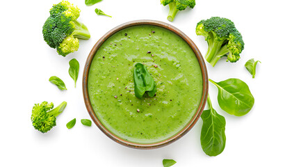 Obraz premium Broccoli soup isolated on white background. Top view