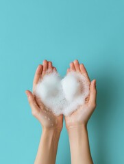 Close-up of hands holding heart-shaped soap bubbles against a vibrant turquoise background emphasizing cleanliness and care.
