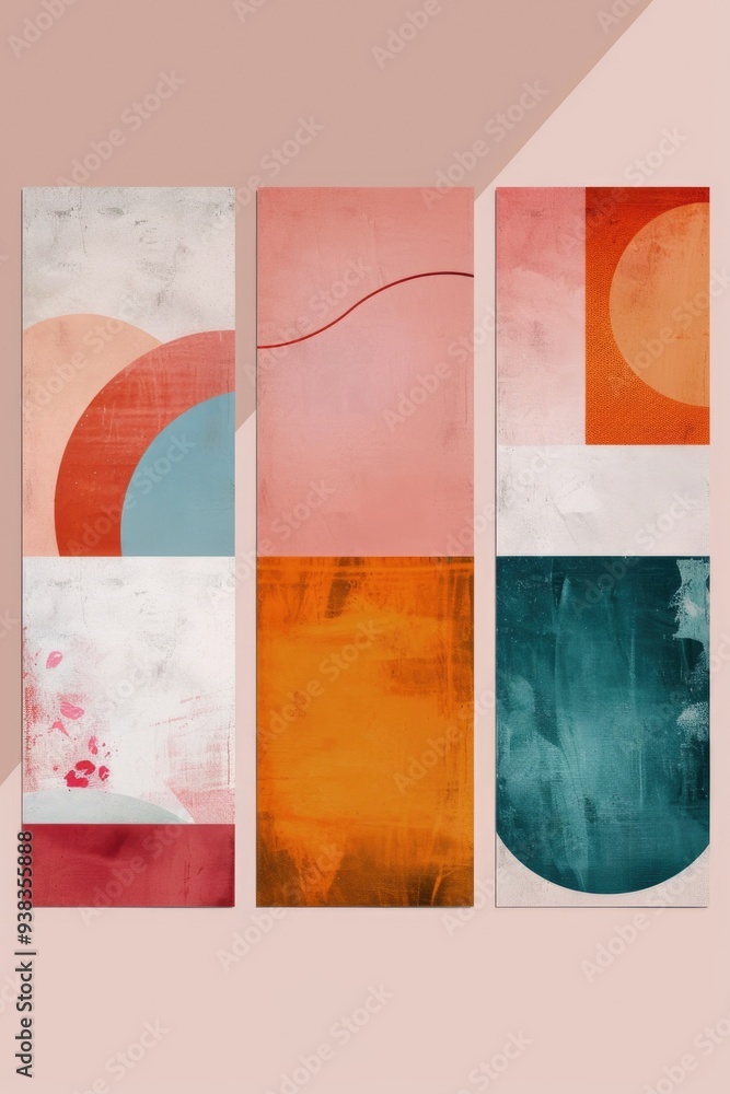 Poster A series of abstract paintings with unique shapes and colors on a pink background