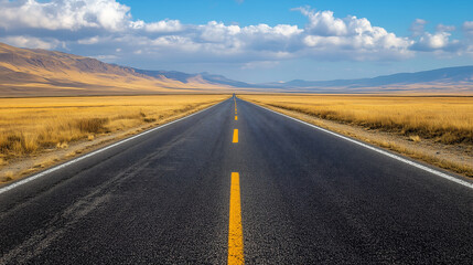 Fototapeta premium long road in the desert, with yellow grass on both sides and mountains far away. The sky is blue, with white clouds floating