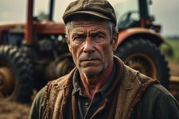 Fototapeta premium Portrait of an experienced middle-aged farmer posing in a field in front of a tractor or combine harvester during sunset. Rugged middle-aged farmer standing confidently with a modern red tractor
