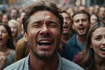 Fototapeta premium An emotionless man with a sad look looks at the camera and stands in a group of people. Portrait of a group of people. A crowd is crying on a city street. Serious white male activist protesting 