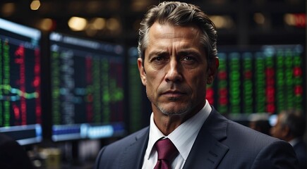 Fototapeta premium Portrait of a businessman. Confident mature stock trader. Professional middle-aged businessman wearing a suit on the stock market