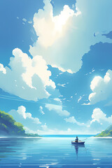 Boat on the ocean, cloudy sky background, illustration wallpaper, a light and airy shade of blue that captures the essence of a gentle breeze blowing