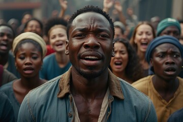 Obraz premium Emotionless black man with sad gaze looking in a camera and standing in group of people. Fight for Equality. Black history month , black people portrait. The crowd is crying 