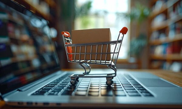 Miniature shopping cart on a laptop keyboard with a cardboard box